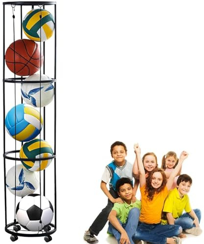 Ayolofei Soporte vertical para pelotas con ruedas, jaula de almacenamiento de bolas montada en la pared, estantería para baloncesto, fútbol, voleibol (3 niveles)