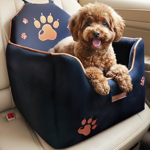 Dog Car Seat for Small/Medium Dogs under 35lbs, Washable Dog Booster Car Bed with 15cm Thick Cushion and Storage Pockets, Portable Travel Puppy Seat with 2 Seat Belts
