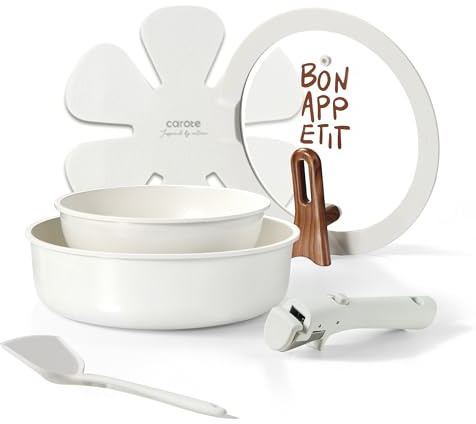 CAROTE Ceramic Pots and Pans Set Non Stick, Nonstick Kitchen Cookware Sets with Lid, Detachable Handle Sauté Pan Set, Non Toxic Frying Pan, Oven Safe, Induction Ready, Cream White