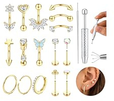 Adramata 16G Rook Piercing Chirurgenstahl Augenbrauen Piercing Gold/Silber Labret Lippenpiercing Gebogene Piercings Banane Barbells Helix Conch Knorpel Rook Daith Piercings Stecker Creolen Set