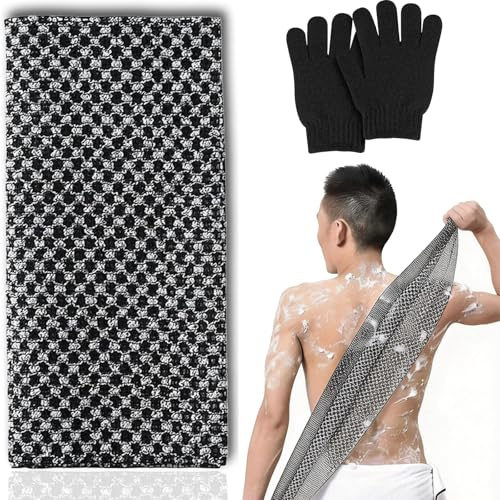 Exfoliating Body Cloth and Shower Gloves, Black 3-Piece Back Scrubber | Dual-Sided Textured Fabric, Tapered Hand Grips, Gathered Cuffs, Quick-Drying And Reusable, For Bath And Daily Washing