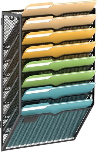 SUPEASY Wall File Organiser, 8 Tier Hanging File Holder, Mail Organiser Wall Mounted for Papers Folders Clipboard Magazine, Office Cubicle Organization & Storage, Assembly Needed, Mesh Black