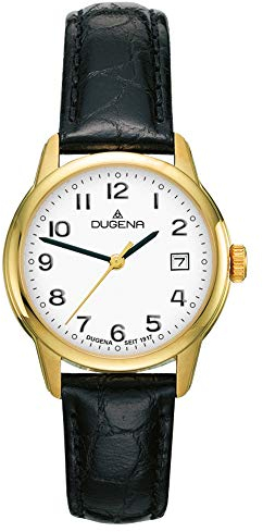 Dugena Damen-Armbanduhr Vega, Quarz, Edelstahlgehäuse, Saphirglas, Lederarmband, Dornschließe, 5 bar (schwarz/Gold/weiß)