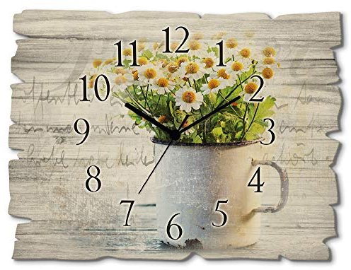 ARTLAND Wanddeko Wanduhr ohne Tickgeräusche aus Holz Quarzuhr 40x30 cm Rechteckig Lautlos Blumen Gänseblümchen Frühling Natur Garten Ländlich T4UE