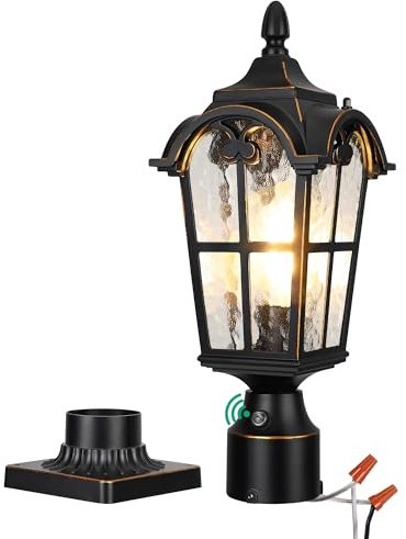 EDISHINE Dusk to Dawn Outdoor Post Light with Pier Mount Base, Hardwired Black Roman Waterproof Pole Lantern Fixture, Water Ripple Glass Exterior Lamp Post Light for Driverway, Patio, Pathway