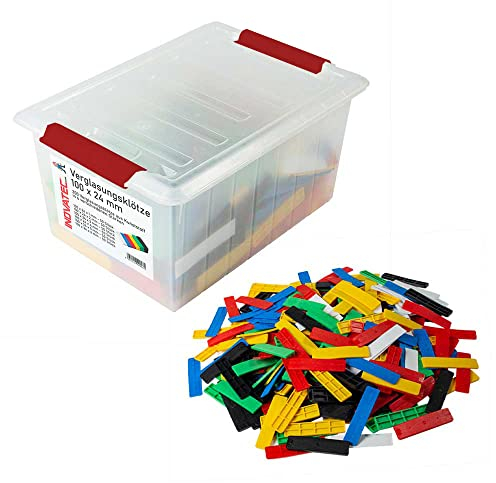 300 x INOVATEC Verglasungsklötze Glasklötze 100 x 24 x 1-6mm Trageklötze Montage Fenster Tür im praktischem 6L Aufbewahrungseimer