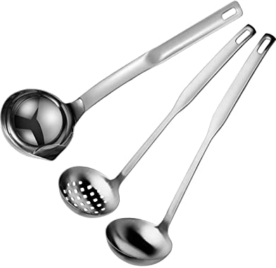 3 Stück Schöpflöffel Schöpflöffel Lang Griff Soßenlöffel Saucen Ölabscheider Schaumlöffel Fettsieb Trenner Schöpflöffel 304 Edelstahl-Kochgeschirr Suppenkelle für Zuhause Küche und Kochen