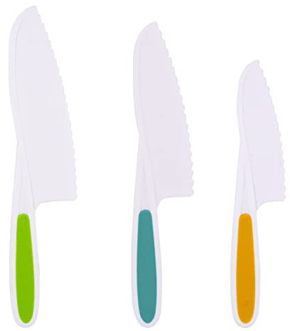 3pcs Kindersichere Messer Küchenmesser Set Sichere Kinder Messer Nylon Kochmesser Kochen Kunststoffmesser Küche Mit Gezackten Schneidekanten Zum schneiden für Salat Kuchen Brot Gemüse Obst