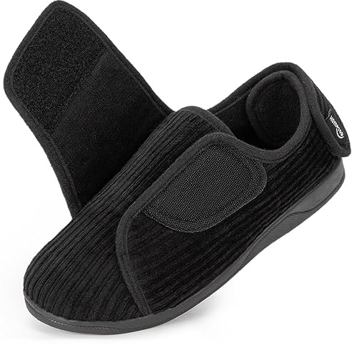 HomeTop Pantofole Donna con Tacco Chiuso – Tomaia Larga Regolabile, Cinturino con Velcro, Suola in Memory Foam Nero Opaco, 41 EU