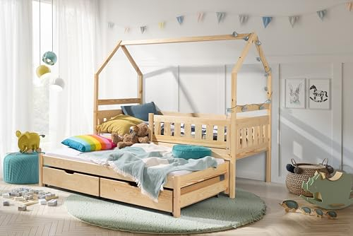 KEF Blanka Kinderbett 80x160 cm - Doppelbett mit Schubladen - Hausbett aus Holz - Babybett mit Zwei Matratzen - Floor Bed - Jugendbett und Mädchenbett für Kinderzimmer - Kiefer