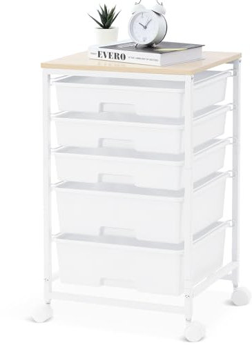 SYKIARIOL Rollwagen Badrollwagen mit 5 Schubladen, Küchenwagen mit Rädern mit Tischplatte aus Holz, Rollcontainer für Küche, Wohnzimmer, Schlafzimmer, Büro, Weiß