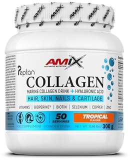 Amix™ Marine Peptan® Collagen Drink - Colágeno Marino Peptan® con Ácido Hialurónico, Vitaminas C y E, Zinc, Selenio y Biotin - Complemento alimenticio - Polvo - 300 g - Sabor: Tropical