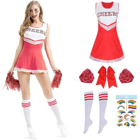 Cheerleader Kostüm Damen für Erwachsene,Cheerleading outfit,Cheerleadering Outfit,High school musical cheerleader kostüm,Cheerleader Pompoms für Verkleidung Karneval Party Cosplay Fasching Halloween