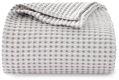 EGOHOME 100% Cotton Queen Size Blankets for Bed,Soft Jacquard Waffle Weave Blanket,Lightweight and Breathable Unique Dual-Tone Texture Cotton Blanket for All Seasons-Sleet Grey,90 x 90 Inches