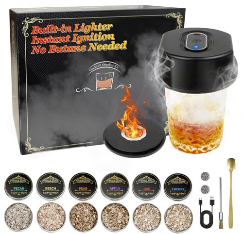 Electric Whiskey Smoker Kit, Rechargeable No Butane Design, Cocktail Smoker Kit with 6 Wood Chips, Old Fashioned Cocktail Kit for Bourbon Whiskey, Mens Gifts for Men, Dad, Husband, Boyfriends