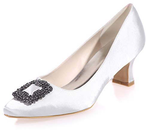 DANOBAB Scarpe da Sposa Tacco Basso da Donna, Raso Mary Jane Autunno Glitter Grosso Avorio Vestito Tacchi Alti Nuziale/Tacco 5.5cm,Bianca,40