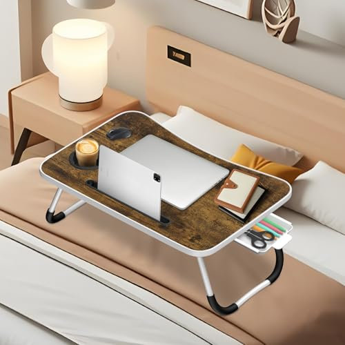 Ferghana Klappbarer Laptop-Schreibtisch Klappbar,Tisch 60x40cm Leichtes Bett Schreibtisch Engineering Design Multifunktionstisch (Kartenschlitz + Tassenträger + Schublade, Braun)