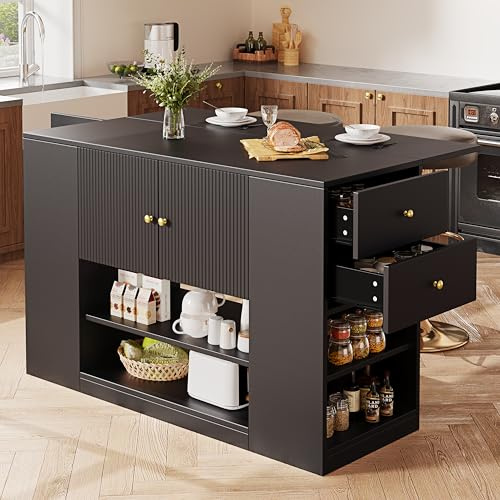 Trdlpyn Isola della Cucina Indipendente con Piano di Lavoro Pieghevole, Armadio con Cassetti e Ripiani, Armadietto a Buffet, Tavolo da Pranzo per Sala da Pranzo, Colore Nero, 140 x