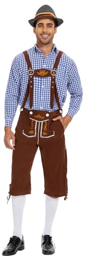 IEEILULU Oktoberfest herroutfit, tysk Bayern Oktoberfest kostym herrset med avtagbar haklapphållare, rutiga skjortor, knästrumpor och bayerska filthattar (blå, XXXL)