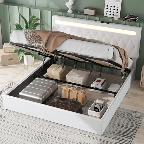 ECLIVON Cama Tapizada 180x200 con LED y USB, Cama Matrimonio con Espacio de Almacenamiento Hidráulico y Cabecero, Cama Doble con Estructura de Metal y Láminas de Madera, Lino, Sin Colchón, Blanco
