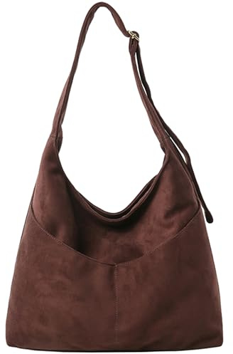 JANSBEN Wildleder Handtasche Damen Groß Shopper Tasche Damen Schultertasche Suede Hobo Bag Umhängetasche für Freizeit, Arbeit, Reisen Kaffee