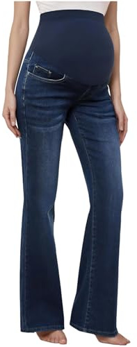 FEESHOW mammakläder jeans utsvängda byxor hög midja stretch utsvängda jeans med fickor för gravida kvinnor