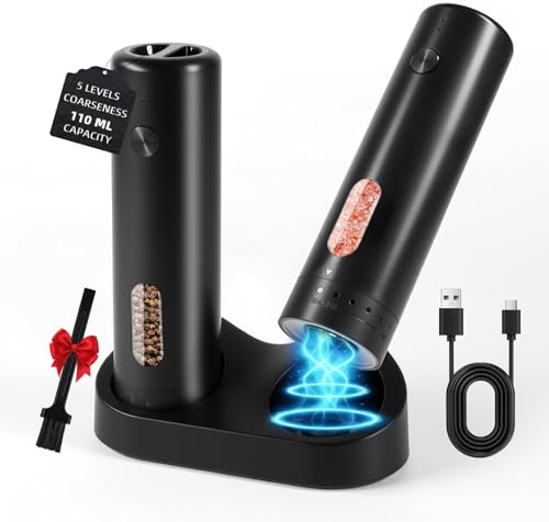 Molinillo Pimienta Eléctrico Set con Estación de Carga, Saleros de Cocina, Capacidad de 110ml, Molinillo de Sal Recargable con 5 Niveles de Ajuste, Molinillo de Cerámica con Cepillo