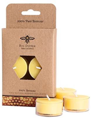 Big Dipper Wax Works 100% Pure Beeswax Tealight Candles – 6 Pack, Natural Unscented Tea Lights, Clean-Burning, Hand-Dipped, Lead-Free Cotton Wicks, Long-Lasting, Eco-Friendly