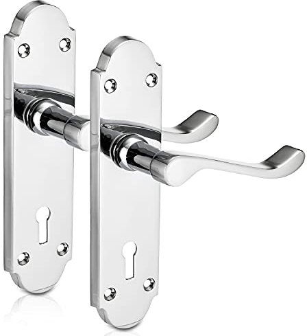 XFORT® Richmond Lever Lock Scroll Chrome Door Handles, Elegant Door Handle Set, Epsom Shaped on Long Backplate, Ideal for All Types of Internal Wooden Doors That Require Key Locking Security [1 Pair]