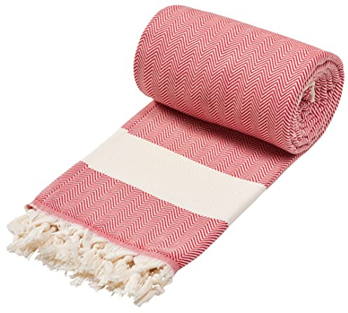 Sowel® XXXL Serviette de Plage, Fouta, Pestemal, Hammam, 100% Coton, Rouge, 200 x 240 cm