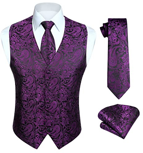 HISDERN Chaleco morado para hombre, chalecos de Cachemira, corbata Jacquard, pañuelo cuadrado de bolsillo, chaleco ajustado para boda, fiesta, negocios, conjunto de traje M