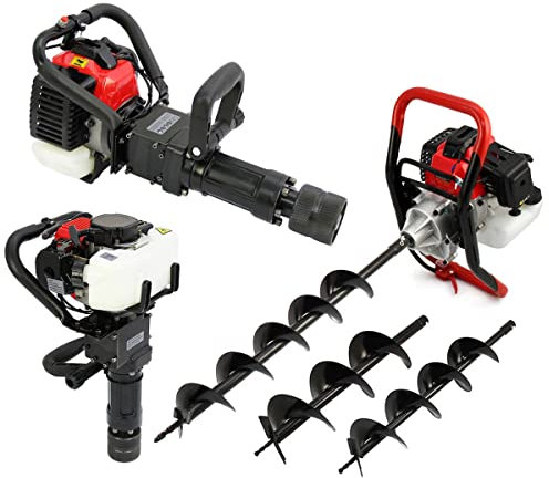 Tarière Thermique 52cc Foreuse à Essence 3 Forets 82cm avec Ø 102, 152, 200 mm & Enfore Poteaux 32cc 2 Temps 5000 Tours/minute Fixation jusqu'à 65 mm ⌀ [Entonnoir, Trousse d'outils & Kit EPI INCLUS]