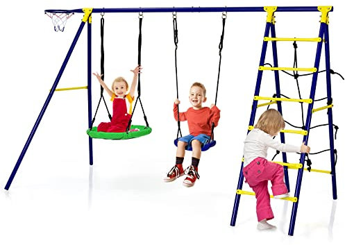 COSTWAY 5 in 1 Set Altalena da Giardino per Bambini, con 2 Altalene, Canestro da Basket, Scala di Arrampicata, Carico Massimo di Ogni Sedile 75 KG, Ideale per Interno ed Esterno