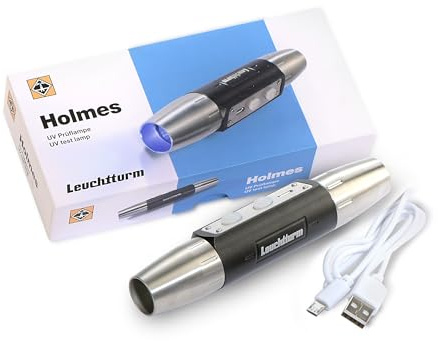Leuchtturm 370112 Lampe UV Holmes - Lampe de détection pour collectionneurs, 6 LED UV, 10 LED Blanches, Design Aluminium, Rechargeable