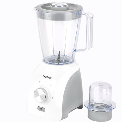 GEEPAS 2-in-1 Food Jug Blender | 1.8L Juice Jar & 60G Mini Coffee Spice Mill | 6-Leaf Stainless-Steel Blades 3 Speed & Pulse Smoothie Maker Turbo Button for Ice Crushing Overheat Protection 600W White