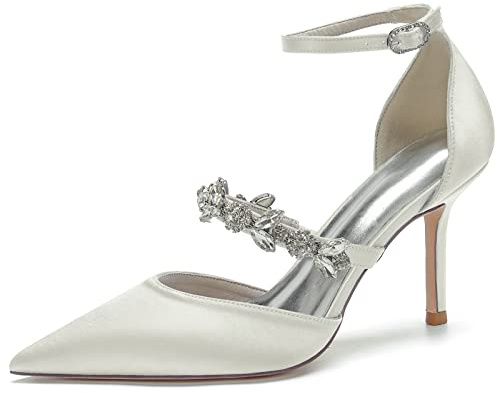 EFLALYHG Zapatos de Boda de satén con Diamantes de imitación para Mujer, Zapatos de Corte de tacón Alto con Punta Puntiaguda de 8,5 cm, Zapatos de Novia para Fiesta de Boda,Marfil,38 EU