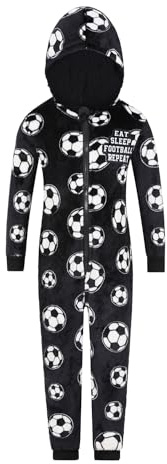 ThePyjamaFactory Pyjamas pour garçons Eat Sleep Football Repeat en molleton noir et blanc pour les joueurs, Noir , 10-11 ans