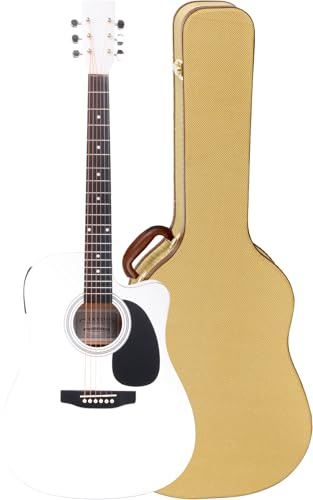Klassisk Cantabile WS-10WH-CE Westerngitarr hårt fodral set – Dreadnought-stil med Cutaway – filt, golv, tenger: Lind – pickup – 3-band-EQ – stämapparat – inklusive tweed-väska – vit