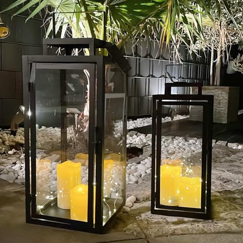 Set di 2 lanterne da giardino, lanterne in metallo, per esterni, in metallo, colore nero, altezza 50/40 cm