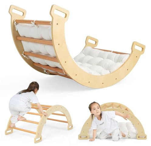 HOMASIS Arco di Arrampicata con Cuscino, Struttura di Arrampicata in Legno da Interno, Arco Montessoriano per Dondolare e Arrampicarsi, Struttura da Arrampicata per Bambini dai 3+ Anni (Naturale)