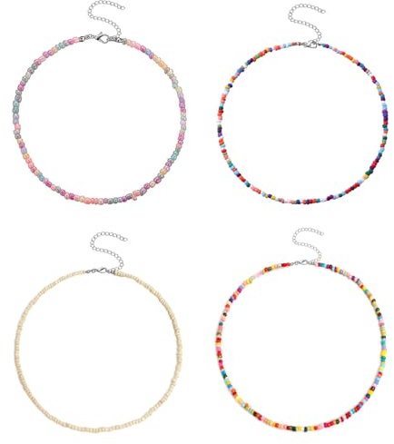 4 st kort pärlhalsband, strandsmycken, surfarhalsband, halsband, dam, bohemiska, handgjorda, färgglada, vinyl, strandhalsband, för sommarstrand, vardagskläder, no, Glas, nej