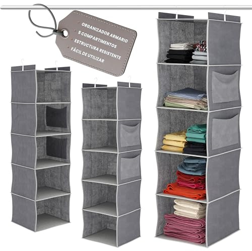 Juego de 2 Organizadores de Armario Colgante con 5 Estantes y 2 Bolsillos Laterales - Armario de Almacenamiento Colgante Práctico (Gris)