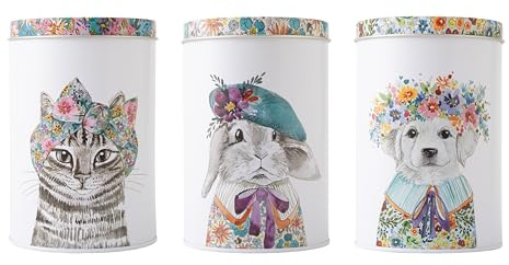 Mikasa Tipperleyhill Set di 3 contenitori con coperchio floreale Scatole decorative in latta vintage per la cucina e la casa Barattoli colorati per tè caffè menta biscotti snack, 10 x 15 cm