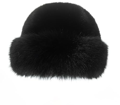 Dufnfn Women's Faux Fur Bucket Hat - Winter Warmth Bucket Hat Fluffy Snow Hat Fuzzy Fisherman Cap Warm Cute（Black）