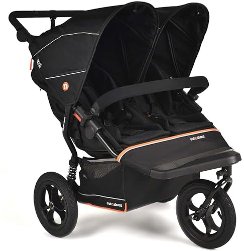 Out’n’About Nipper Double V6 Pushchair | Lightweight All-Terrain 3 Wheel Double Buggy & Rain Cover | 12” Air-Filled Tyres, 71cm Wide, Compact Fold Stroller, Pram | Newborn to 4yrs (Summit Black)