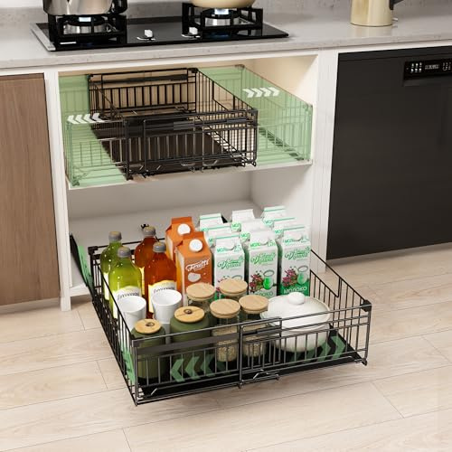 NETEL Paquete de 2 Cajones Extraíbles para Cocina, Cajón Telescópico Sin Taladrar, Fijación Autoadhesiva o con Tornillos, Largo Ajustable 33-51 x Fondo 38 x Alto 17 cm, Negro