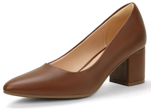 IDIFU Brown Heels Women Closed Toe Low Chunky Block Pumps Dress Shoes for Women Office Work Business Wedding Prom Shoes Trendy Comfortable Pointed Toe Short Thick Heels Pumps (Brown Pu, 7)