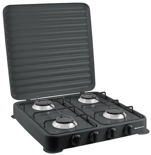 Melchioni Family | Fornello a Gas Modello MINERVA NEW, Quattro Fuochi, Colore Nero, per Utilizzo Esterno, con Griglia e Fuochi Rimovibili e Coperchio