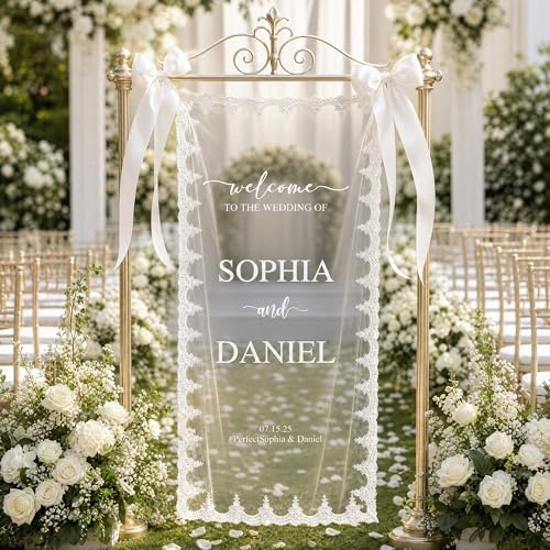 Cartello di Benvenuto Personalizzata per Matrimonio in Tulle, Decorazione da Spiaggia, Giardino, Nome e Data Personalizzabili, Addio al Nubilato Cerimonia, Ricevimento – Regalo per Coppie