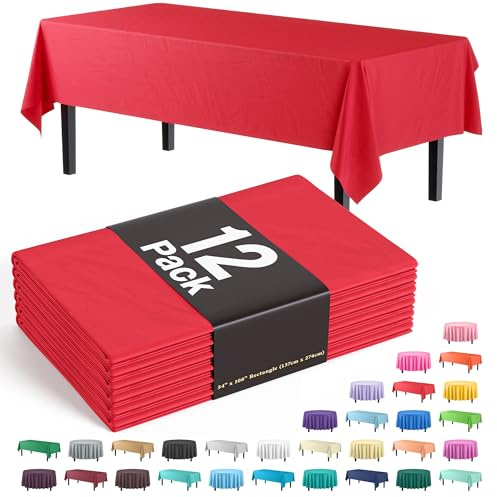 Exquisite 12-Pack Premium Plastic Tablecloth 12-Pack Premium Plastic Tablecloth 54in. x 108in. Rectangle Table Cover - Red
